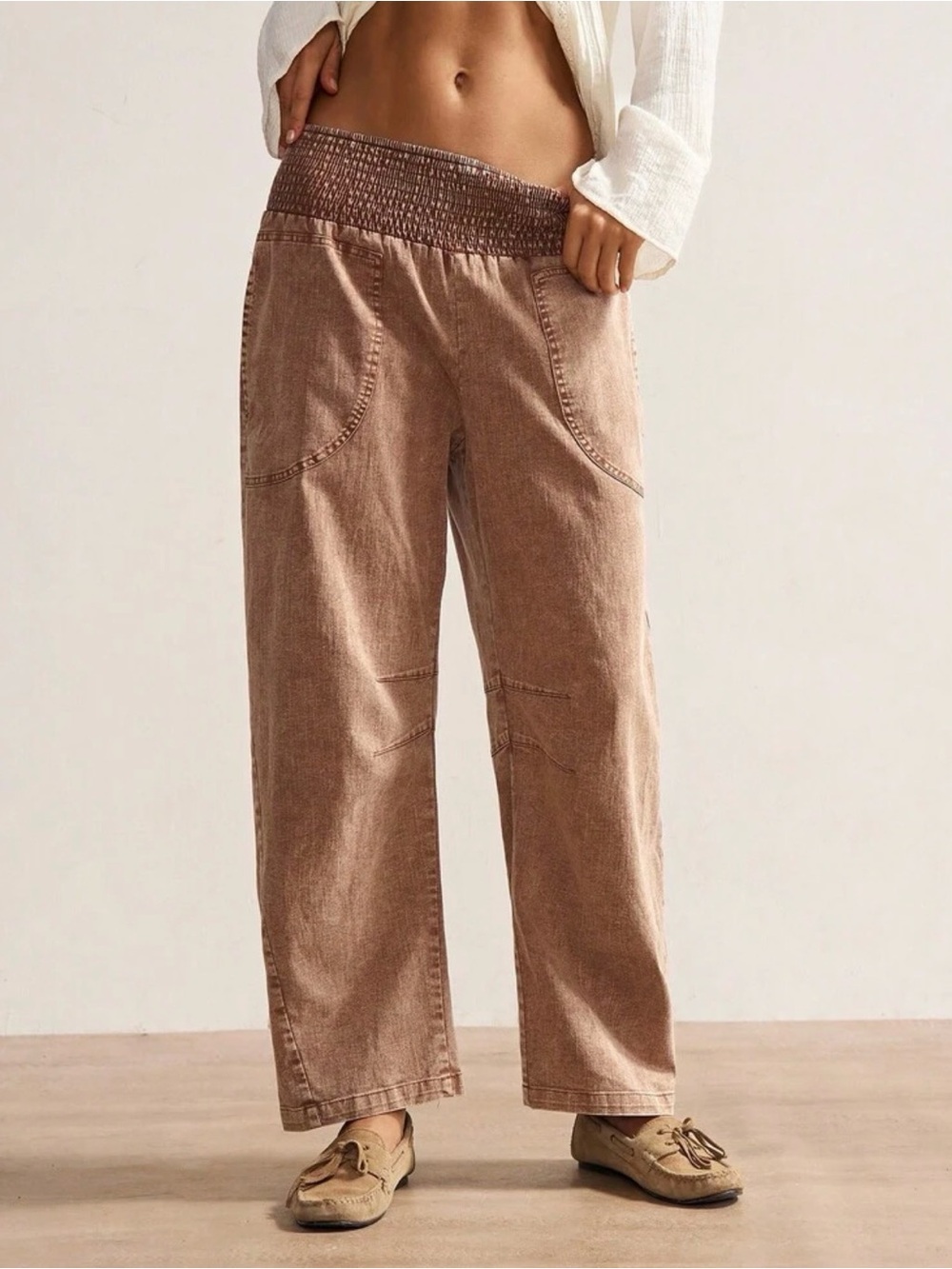 Smocked-Waist Wide Leg Pants in Dusty Brown